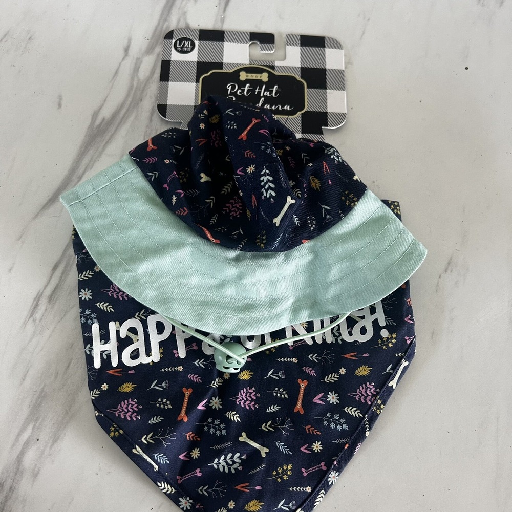 Woof Pet Hat & Bandana Happy Spring Size L/XL‎ 15 - 18 Inches, Blue Green BxN